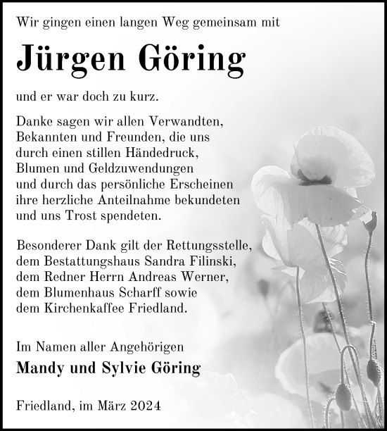Traueranzeige von Jürgen Göring von Nordkurier Neubrandenburger Zeitung