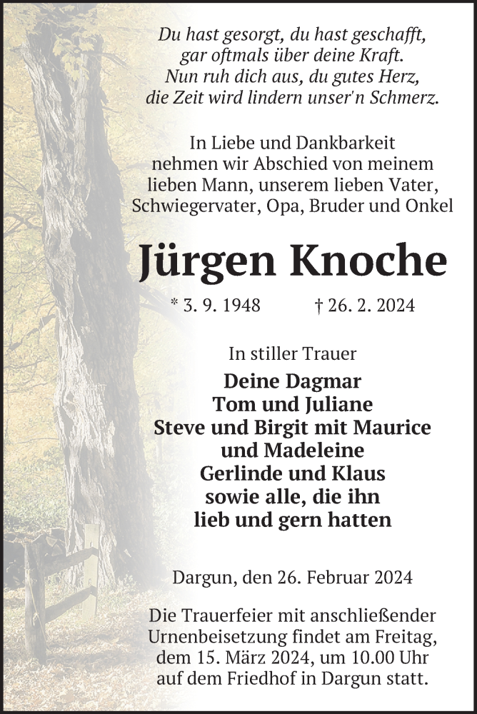  Traueranzeige für Jürgen Knoche vom 07.03.2024 aus Nordkurier Mecklenburger Schweiz