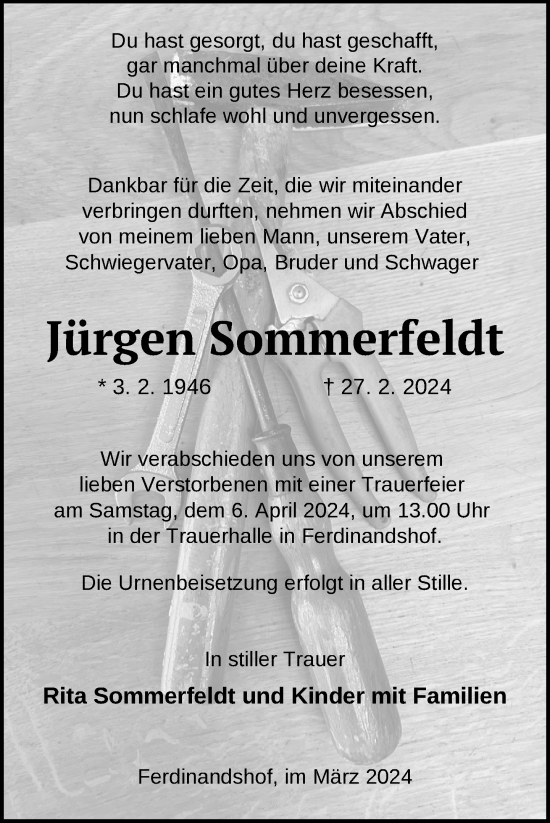 Traueranzeige von Jürgen Sommerfeldt von Nordkurier Haff-Zeitung