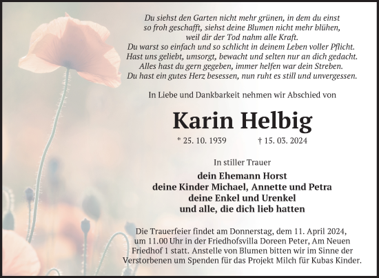 Traueranzeige von Karin Helbig von Nordkurier Neubrandenburger Zeitung