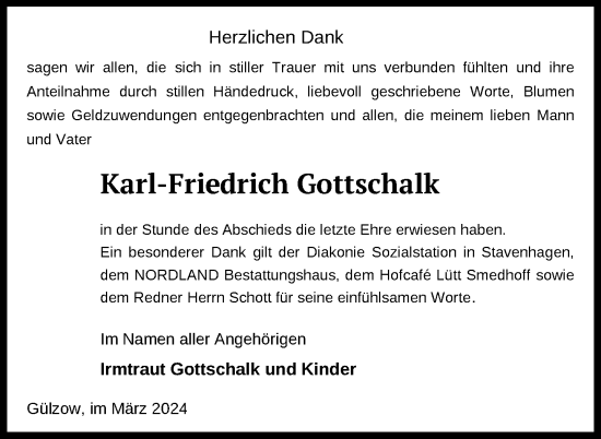 Traueranzeige von Karl-Friedrich Gottschalk von Nordkurier Mecklenburger Schweiz