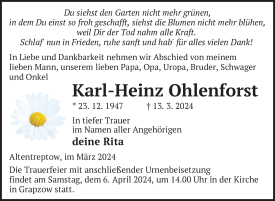 Traueranzeige von Karl-Heinz Ohlenforst von Nordkurier Neubrandenburger Zeitung