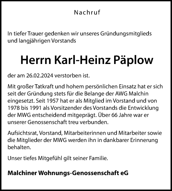 Traueranzeige von Karl-Heinz Päplow von Nordkurier Mecklenburger Schweiz