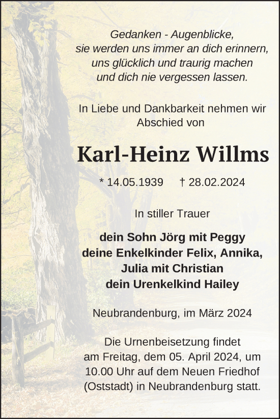 Traueranzeige von Karl-Heinz Willms von Nordkurier Neubrandenburger Zeitung