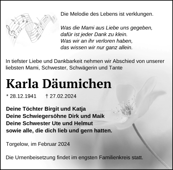 Traueranzeige von Karla Däumichen von Nordkurier Haff-Zeitung