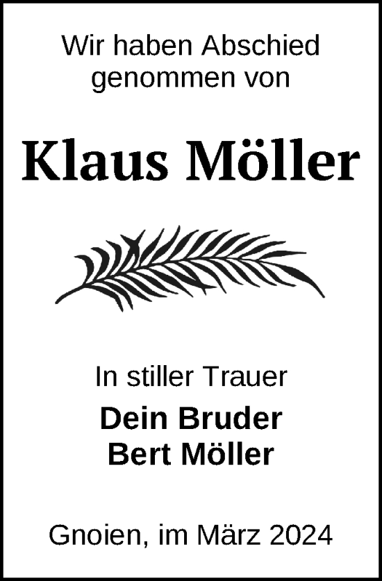 Traueranzeige von Klaus Möller von Nordkurier Mecklenburger Schweiz
