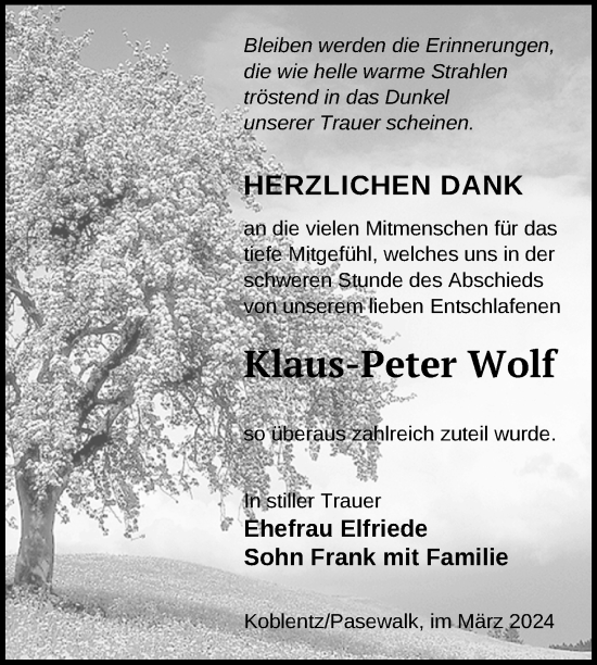 Traueranzeige von Klaus-Peter Wolf von Nordkurier Pasewalker Zeitung