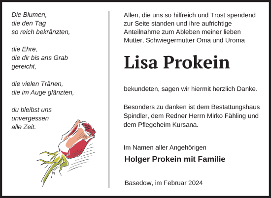 Traueranzeige von Lisa Prokein von Nordkurier Mecklenburger Schweiz