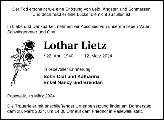 Traueranzeige von Lothar Lietz von Nordkurier Pasewalker Zeitung