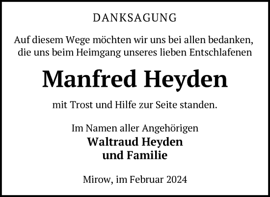 Traueranzeige von Manfred Heyden von Nordkurier Strelitzer Zeitung