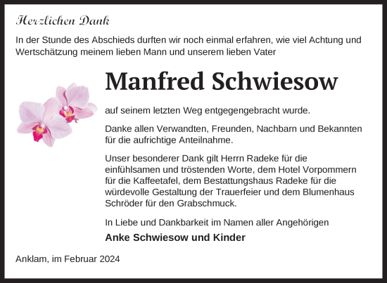 Traueranzeige von Manfred Schwiesow von Nordkurier Vorpommern Kurier