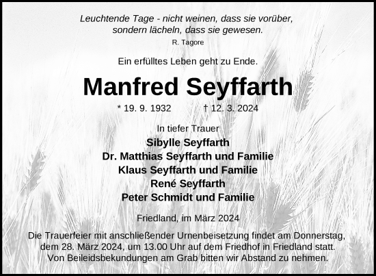 Traueranzeige von Manfred Seyffarth von Nordkurier Neubrandenburger Zeitung