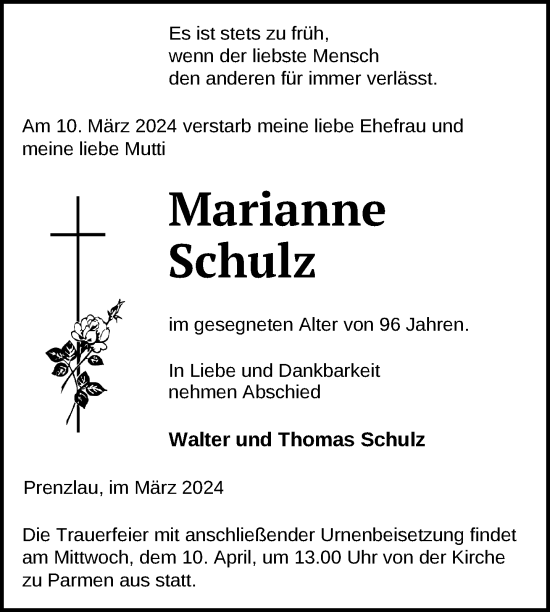 Traueranzeige von Marianne Schulz von Uckermark Kurier Prenzlauer Zeitung