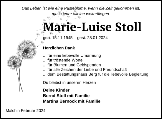 Traueranzeige von Marie-Luise Stoll von Nordkurier Mecklenburger Schweiz