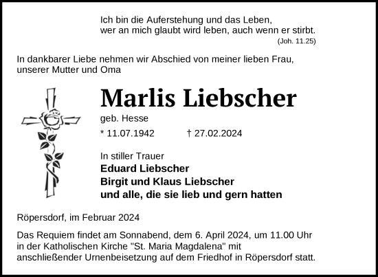 Traueranzeige von Marlis Liebscher von Uckermark Kurier Prenzlauer Zeitung