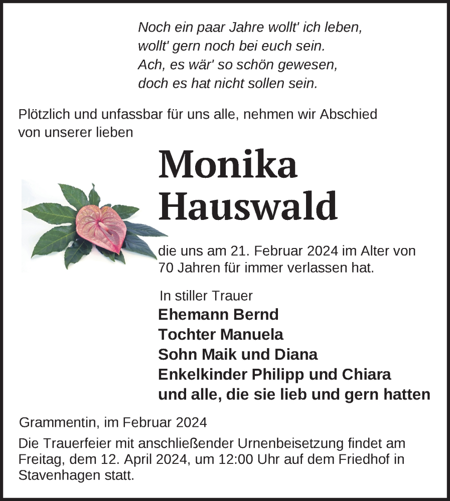  Traueranzeige für Monika Hauswald vom 28.03.2024 aus Nordkurier Mecklenburger Schweiz