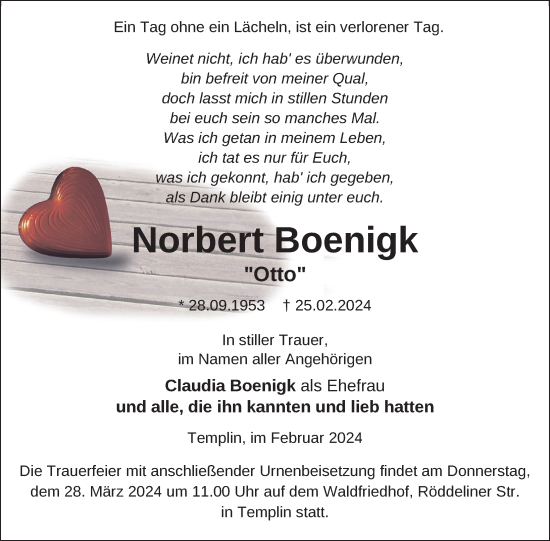 Traueranzeige von Norbert Boenigk von Uckermark Kurier Templiner Zeitung