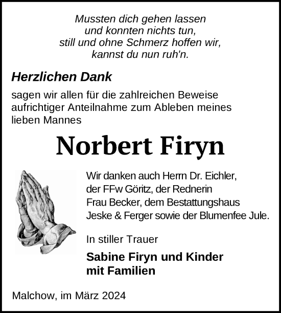 Traueranzeige von Norbert Firyn von Uckermark Kurier Prenzlauer Zeitung