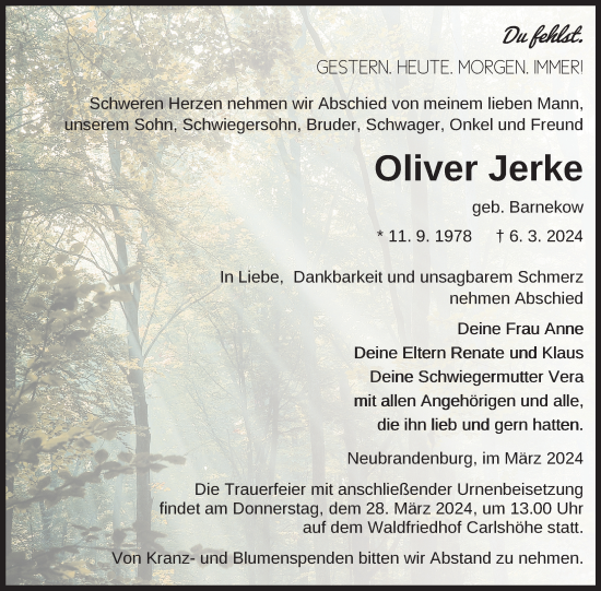 Traueranzeige von Oliver Jerke von Nordkurier Neubrandenburger Zeitung