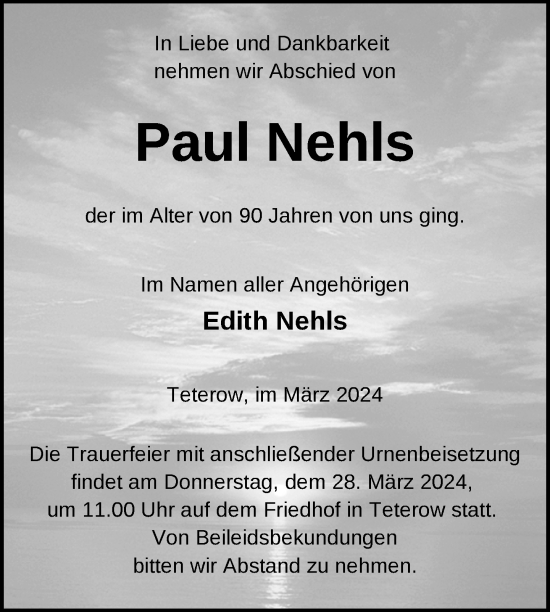 Traueranzeige von Paul Nehls von Nordkurier Mecklenburger Schweiz