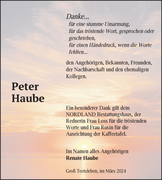 Traueranzeige von Peter Haube von Nordkurier Neubrandenburger Zeitung