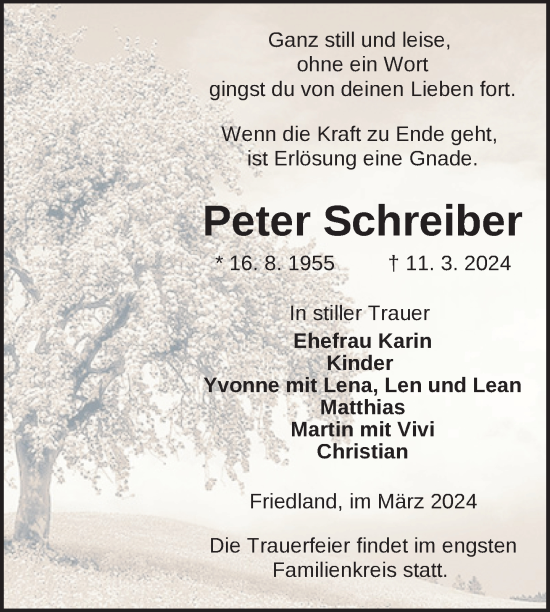 Traueranzeige von Peter Schreiber von Nordkurier Neubrandenburger Zeitung