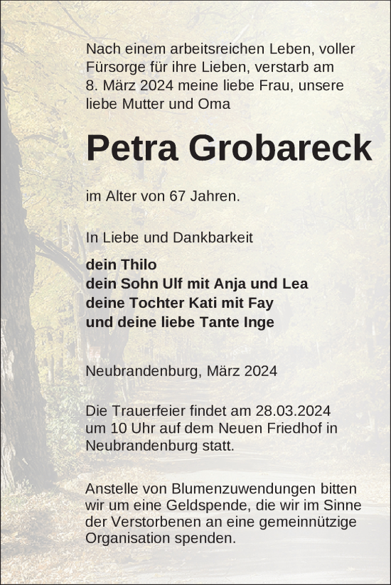 Traueranzeige von Petra Grobareck von Nordkurier Neubrandenburger Zeitung