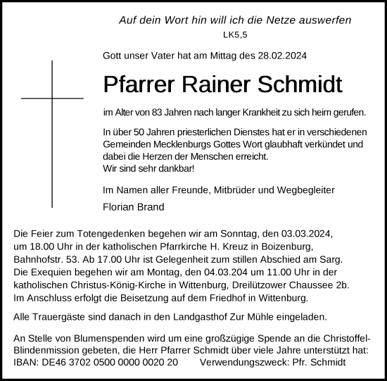 Traueranzeige von Rainer Schmidt von Nordkurier Müritz-Zeitung