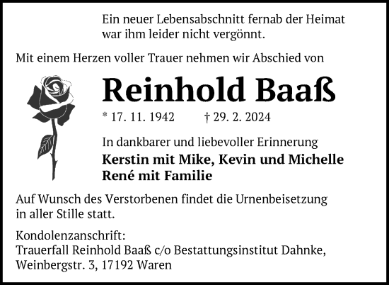 Traueranzeige von Reinhold Baaß von Nordkurier Müritz-Zeitung