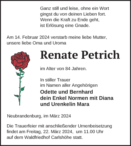 Traueranzeige von Renate Petrich von Nordkurier Neubrandenburger Zeitung