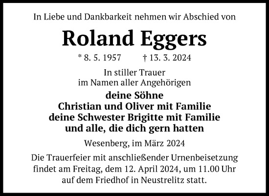 Traueranzeige von Roland Eggers von Nordkurier Strelitzer Zeitung