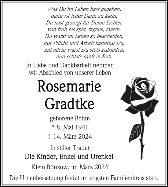 Traueranzeige von Rosemarie Gradtke von Nordkurier Vorpommern Kurier