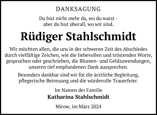 Traueranzeige von Rüdiger Stahlschmidt von Nordkurier Strelitzer Zeitung