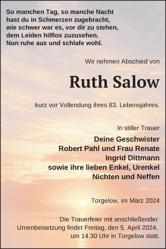 Traueranzeige von Ruth Salow von Nordkurier Haff-Zeitung