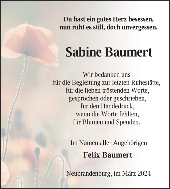 Traueranzeige von Sabine Baumert von Nordkurier Neubrandenburger Zeitung