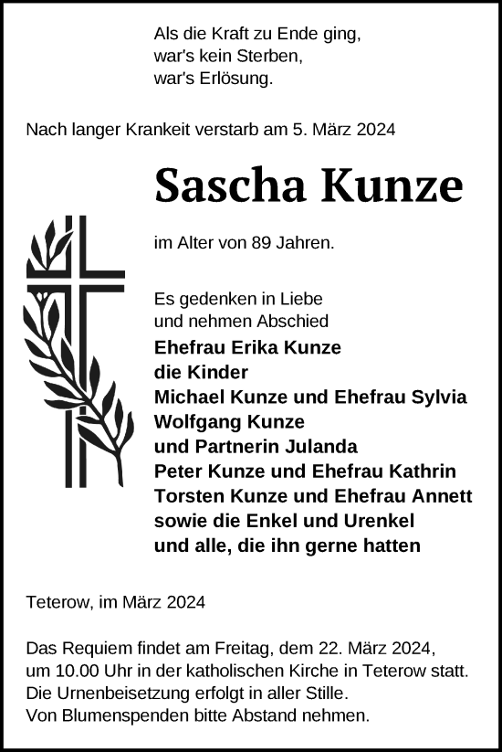 Traueranzeige von Sascha Kunze von Nordkurier Mecklenburger Schweiz