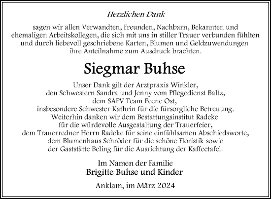 Traueranzeige von Siegmar Buhse von Nordkurier Vorpommern Kurier