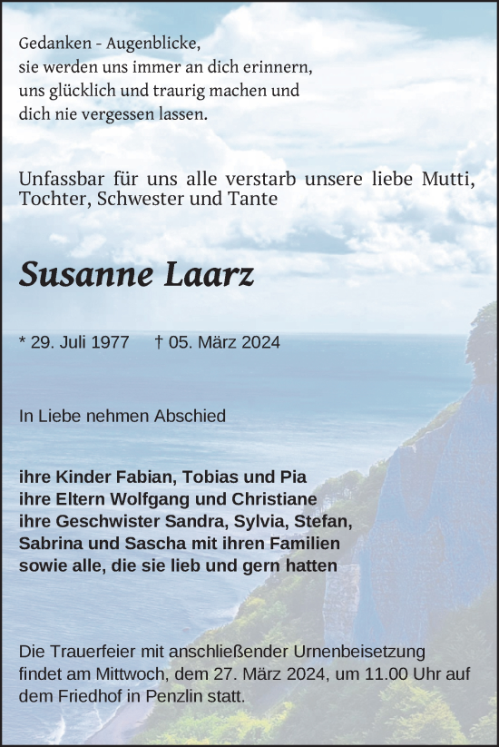 Traueranzeige von Susanne Laarz von Nordkurier Müritz-Zeitung