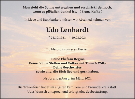 Traueranzeige von Udo Lenhardt von Nordkurier Neubrandenburger Zeitung