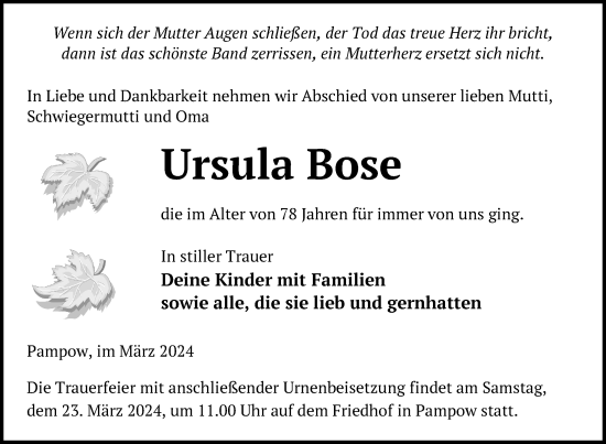 Traueranzeige von Ursula Bose von Nordkurier Pasewalker Zeitung