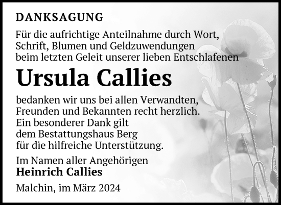 Traueranzeige von Ursula Callies von Nordkurier Mecklenburger Schweiz