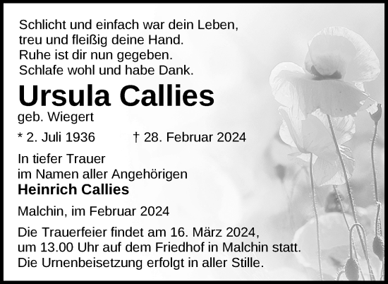 Traueranzeige von Ursula Callies von Nordkurier Mecklenburger Schweiz