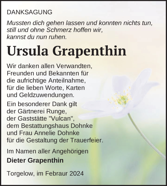 Traueranzeige von Ursula Grapenthin von Nordkurier Haff-Zeitung