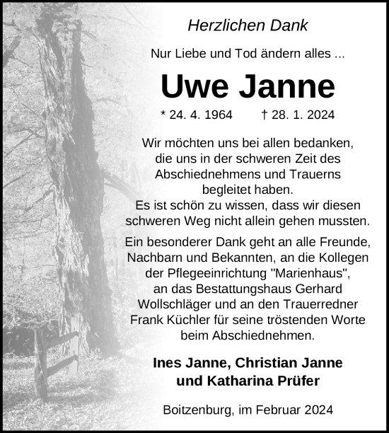 Traueranzeige von Uwe Janne von Uckermark Kurier Templiner Zeitung