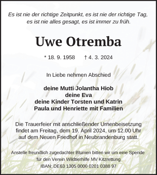 Traueranzeige von Uwe Otremba von Nordkurier Neubrandenburger Zeitung