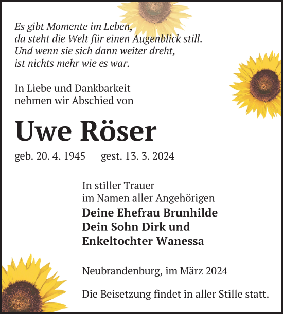 Traueranzeige von Uwe Röser von Nordkurier Neubrandenburger Zeitung