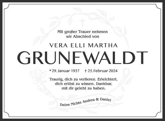 Traueranzeige von Vera Elli Martha Grunewaldt von Uckermark Kurier Templiner Zeitung