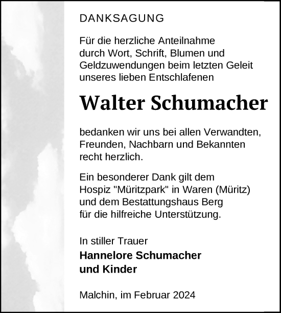 Traueranzeige von Walter Schumacher von Nordkurier Mecklenburger Schweiz