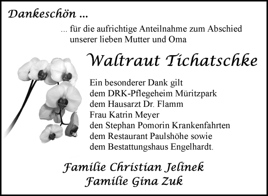 Traueranzeige von Waltraut Tichatschke von Nordkurier Müritz-Zeitung