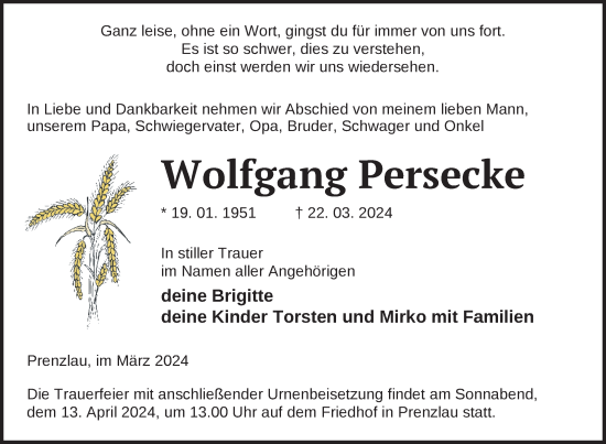 Traueranzeige von Wolfgang Persecke von Uckermark Kurier Prenzlauer Zeitung
